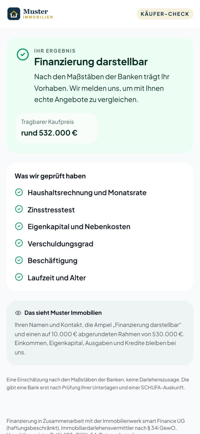 Ergebnis des Käufer-Checks: Finanzierung darstellbar, mit allen Prüfpunkten