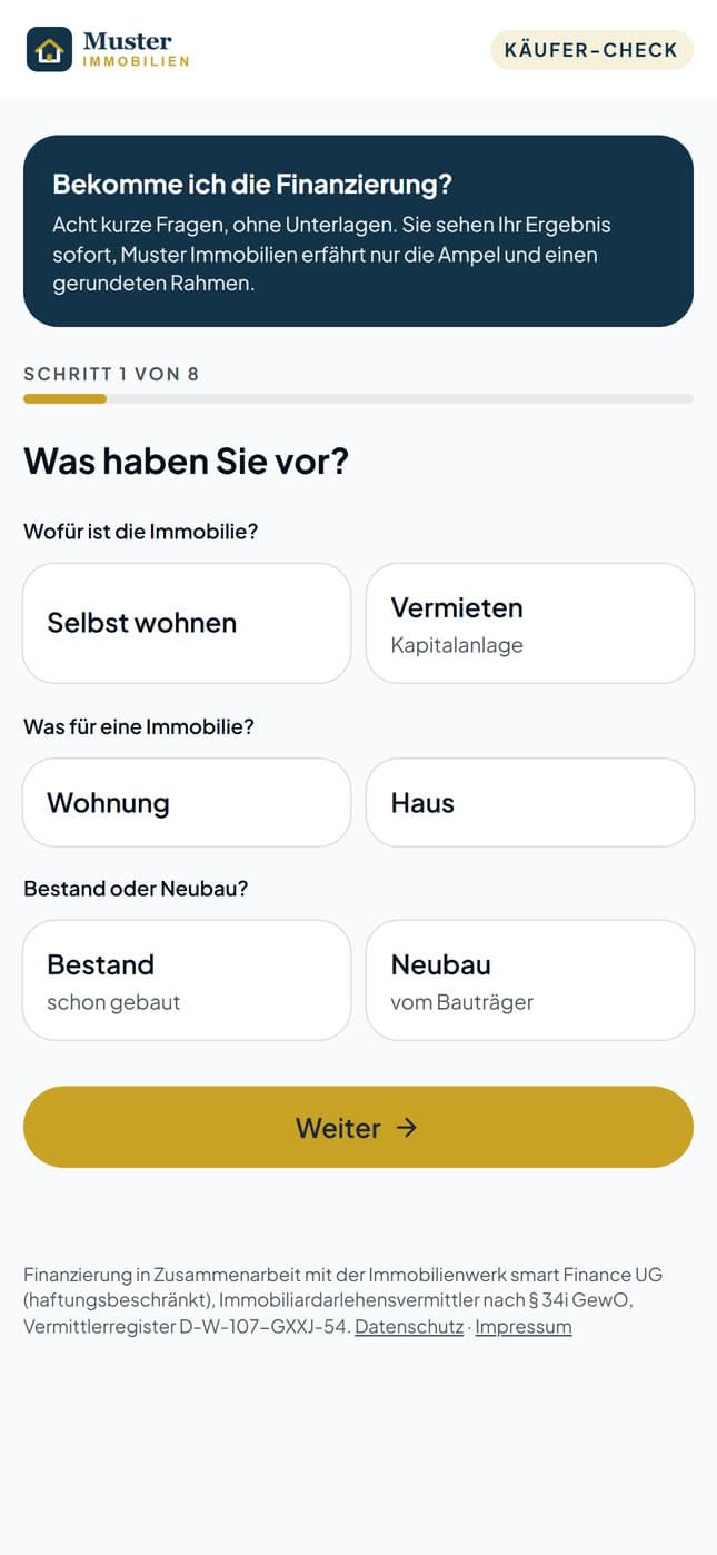 Käufer-Check am Handy: erste Frage im Logo eines Beispielmaklers