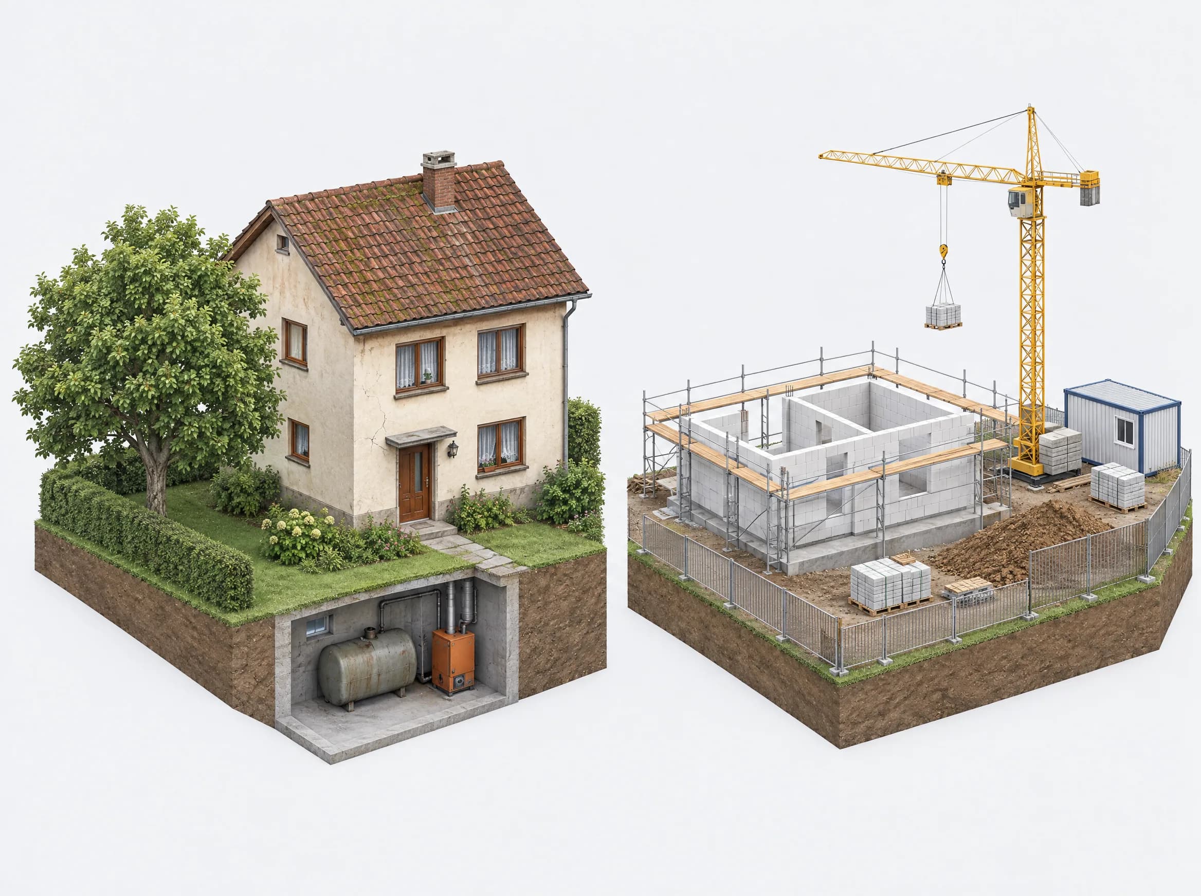 Links ein älteres Bestandshaus mit Ölheizung im Keller, rechts ein Neubau im Rohbau mit Kran, Gerüst und Baucontainer
