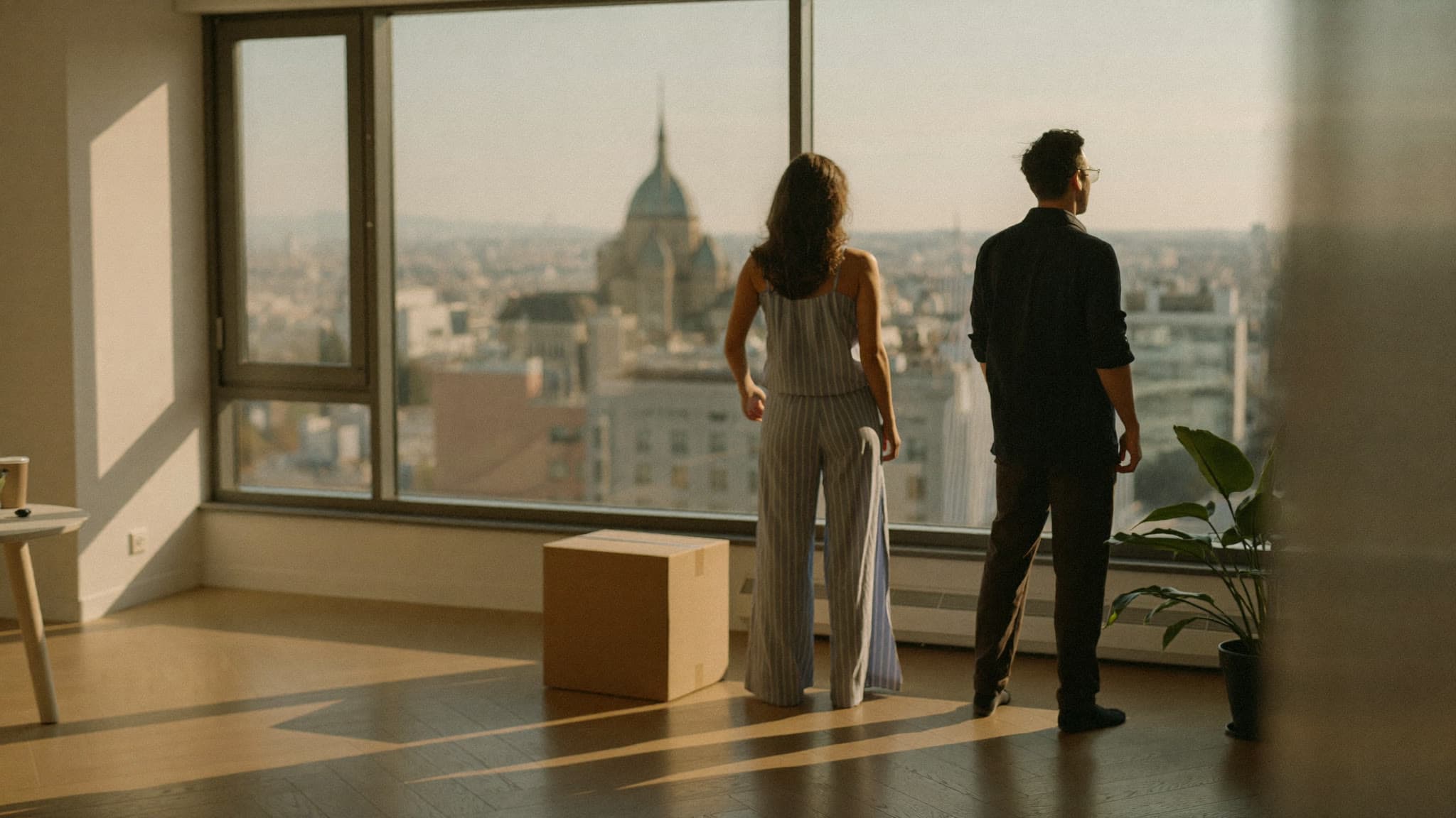Paar blickt aus dem Fenster seiner neuen Wohnung über die Stadt