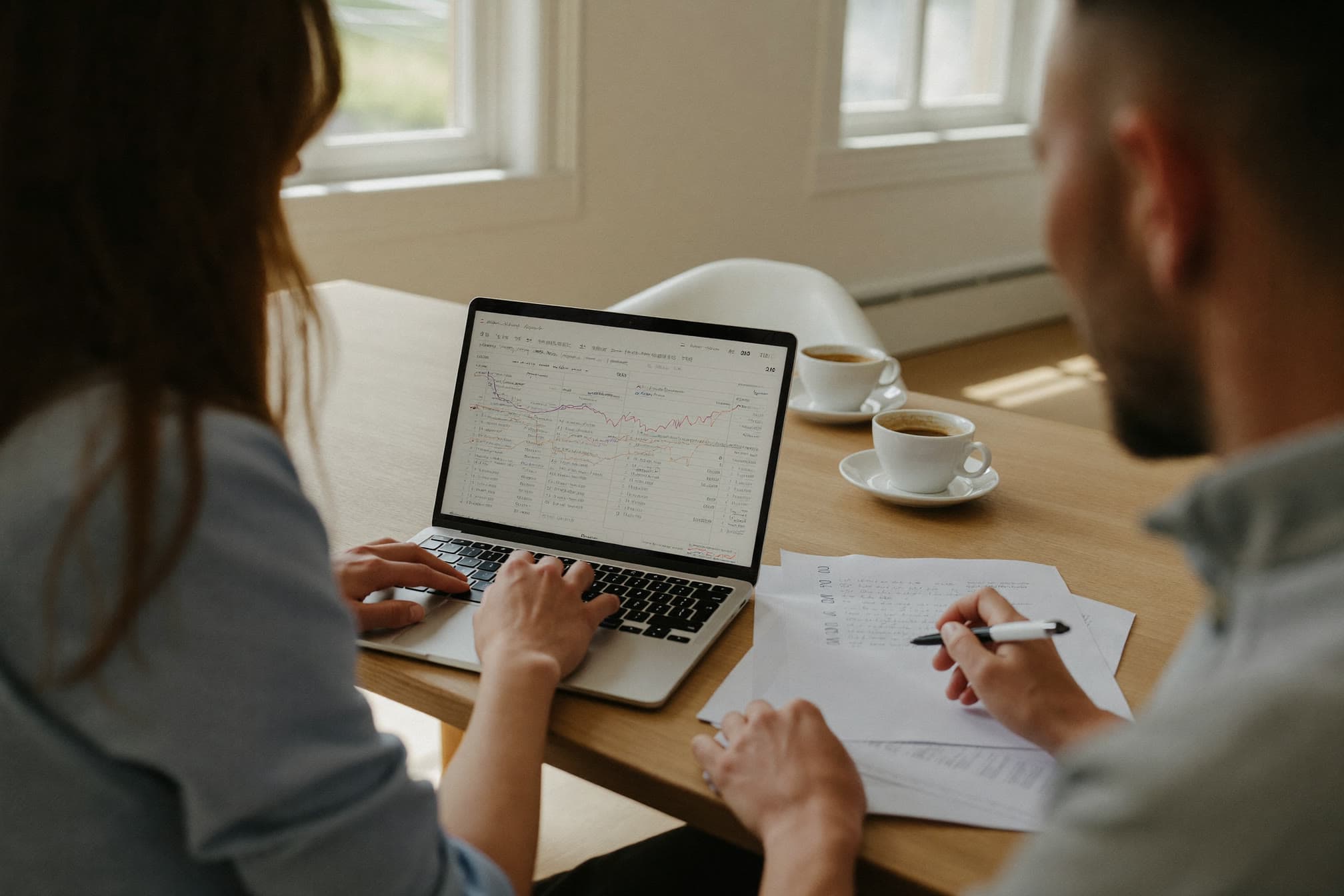Paar sitzt mit Laptop und Unterlagen am Esstisch und geht die eigenen Finanzen durch