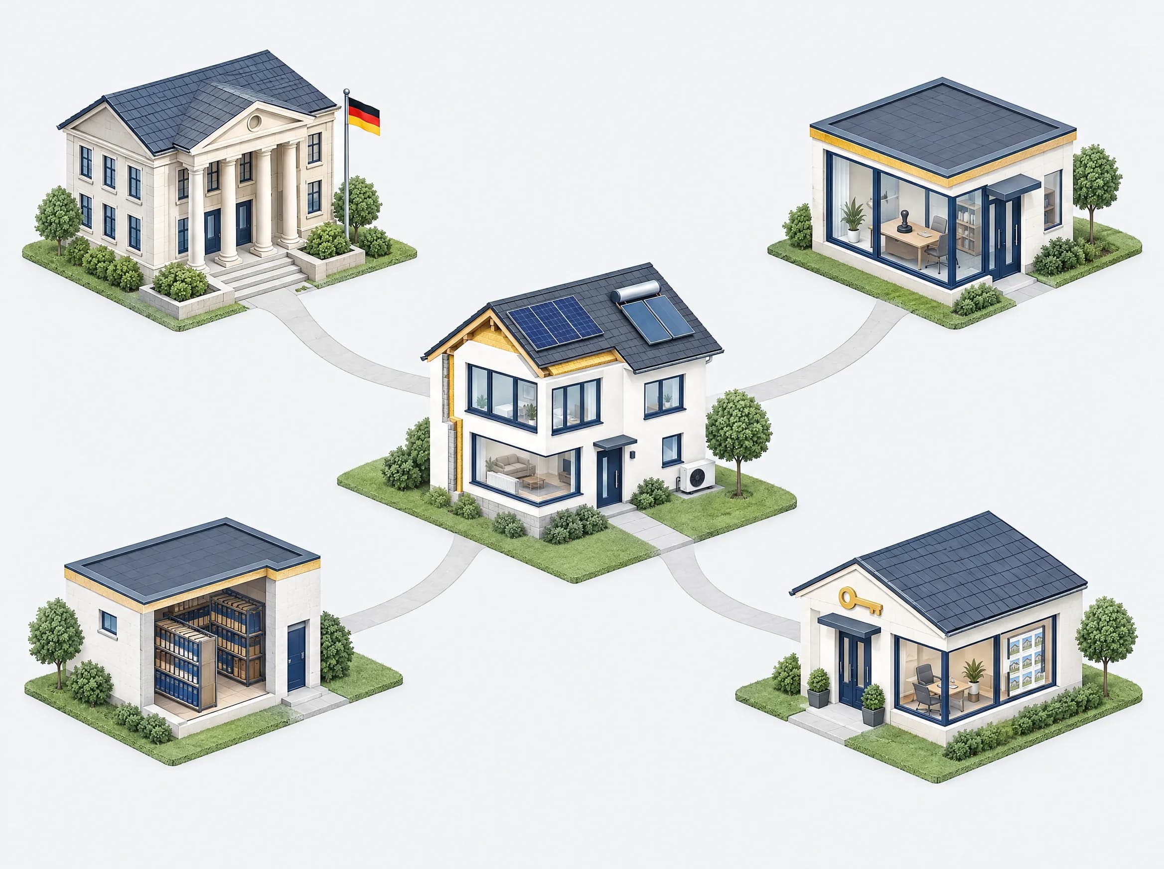 Ein Haus in der Mitte, Wege führen zu Finanzamt, Notar, Grundbuchamt und Makler