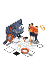 Isometrische Illustration: Immobiliensuche mit Karte und Lupe