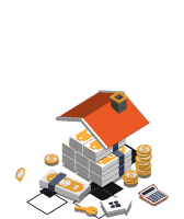 Isometrische Illustration: Finanzierung mit Haus, Geld und Rechner