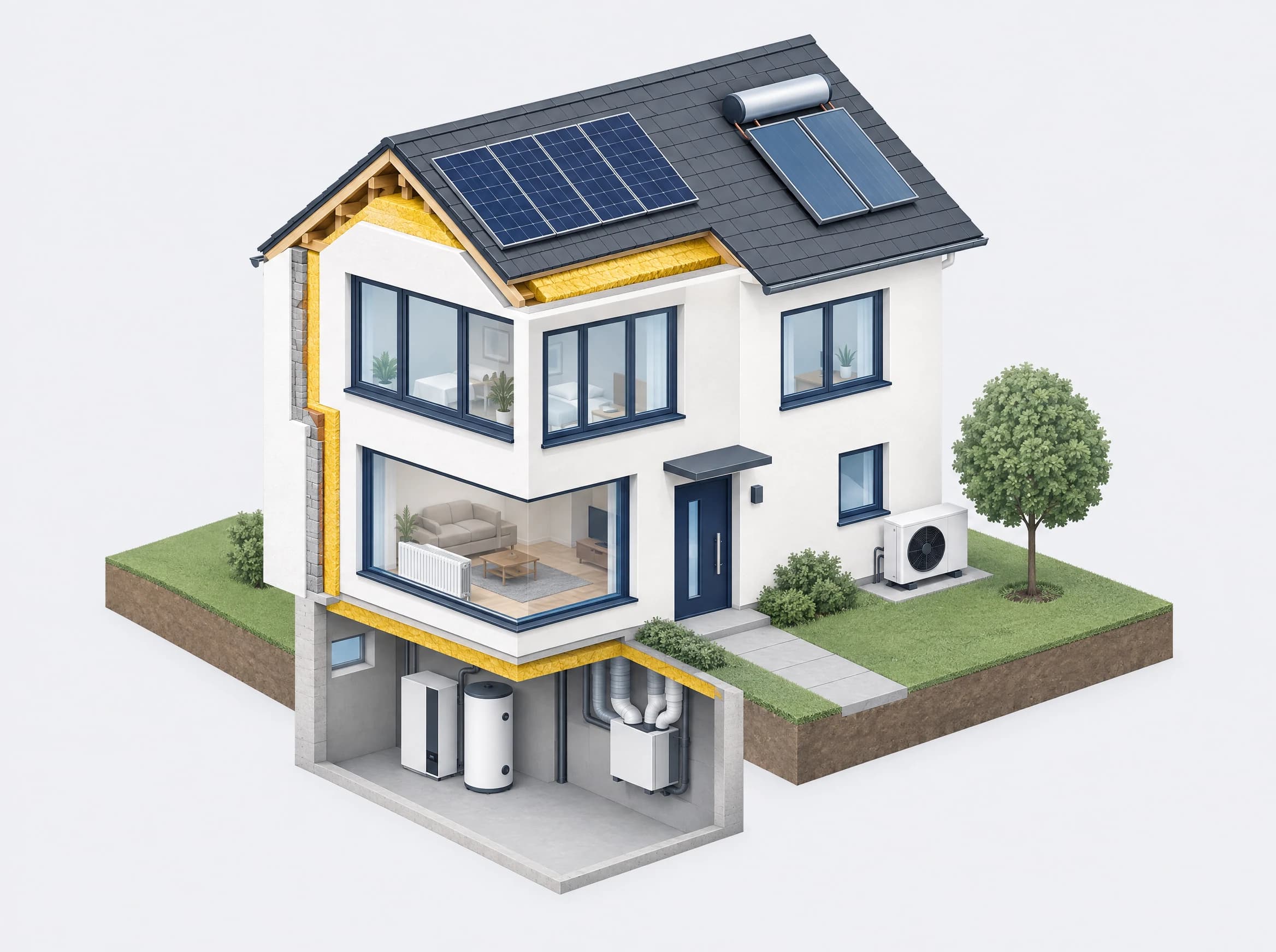 Freistehendes Einfamilienhaus im Schnitt: Dach mit Dämmung, Photovoltaik und Solarthermie, gedämmte Fassade, neue Fenster, Wärmepumpe, Lüftungsanlage und gedämmte Kellerdecke